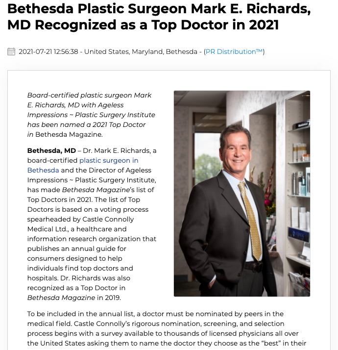 Plastic Surgeon Mark Richards, MD has been recognized as a 2021 Top Doctor in Bethesda Magazine.